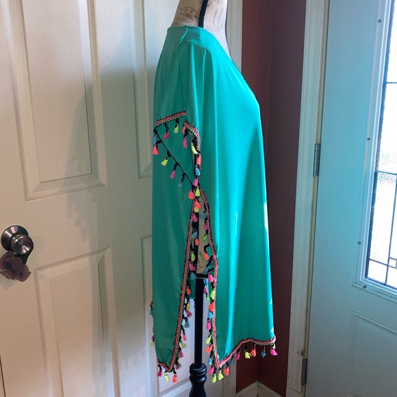 Neon Pom Pom Fringe Teal Swim Pool Vacation Resortwear Coverup sz L-XXL - Picture 3 of 8